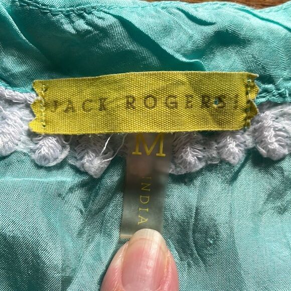 Jack Rogers Teal and White Embroidered Silk Tunic Top - Picture 2 of 8